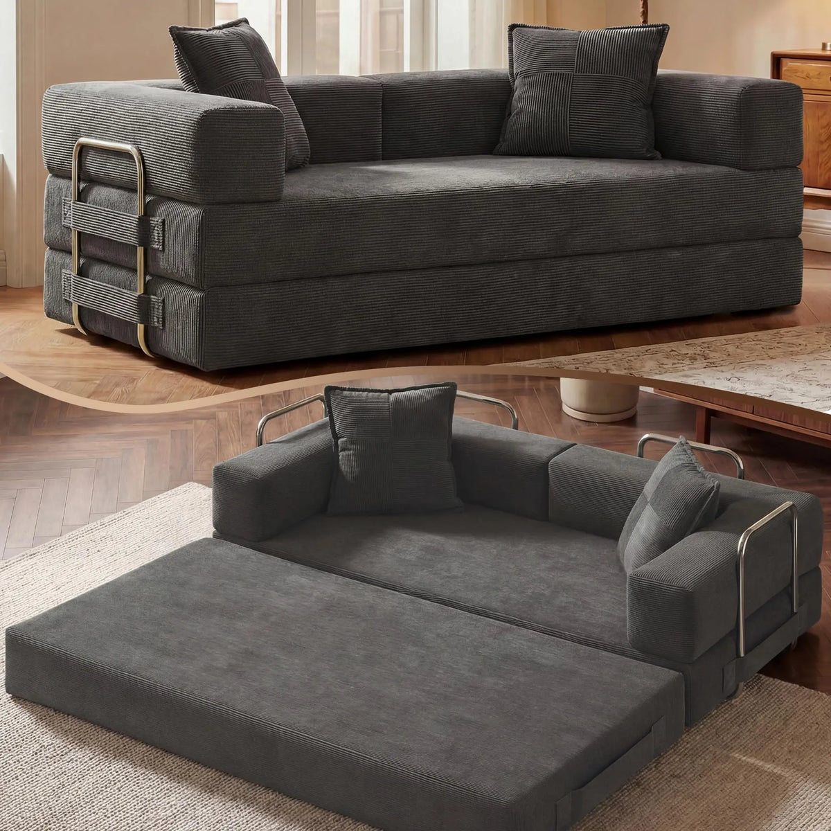 78 Inch 5‑in‑1 Convertible Boneless Futon Sofa Bed, Corduroy Multi‑Functional Sleeper Couch for Living Room Small Space