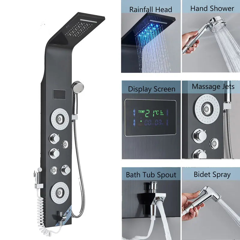LED Bath Shower Faucet Digital Display Bath Shower Panel Tower Shower Column Waterfall LED Shower Head W Body Masssage SPA Jet
