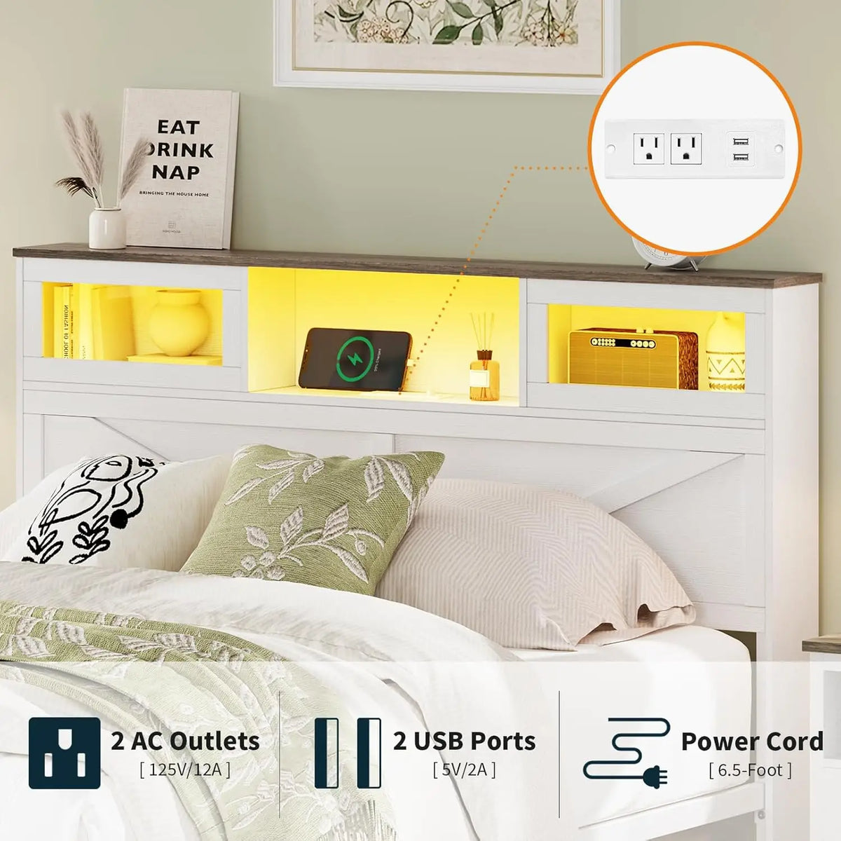 Full Size Bed Frame with Headboard, Full Bed Frame with Charging Station, LED Beds with 2 Storage Drawers, Wood Farmhouse Bedframe