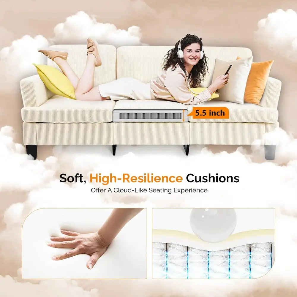 Beige 83" Sofa Couches or Living Room, Corduroy ern Comfy 3 Seater Couch 25.6" Deep Seat Upholstery Cozy Sofas or Small Space