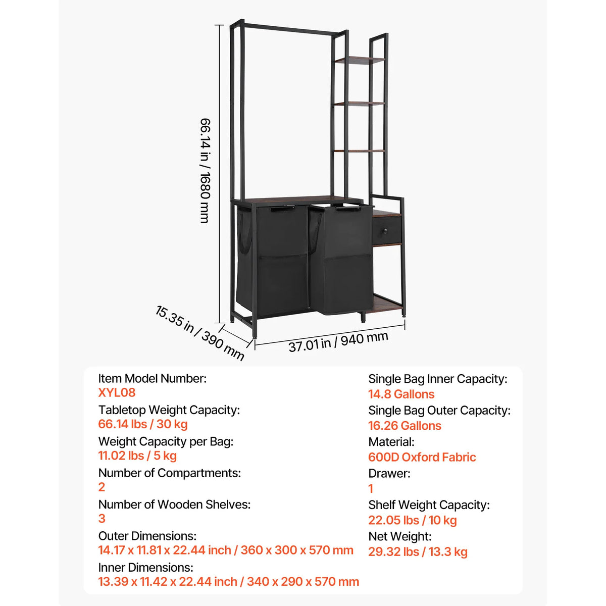 Laundry Sorter Large Laundry Hamper with Metal Frame Freestanding Storage Organizer Baskets for Dirty Clothes, Bathroom