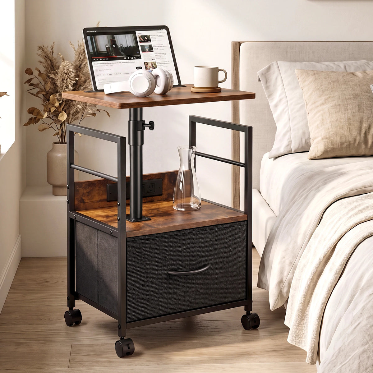 Rolling Bedside Table With 360 Degree Swivel Top And Charging Station Adjustable Height Nightstand With Storage Drawer And Wheels Brown Gray Black For Bedroom Living Room