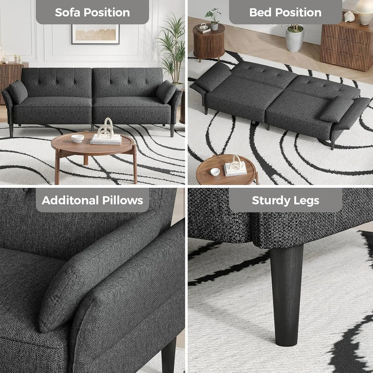 89” Futon Sofa Bed, Comfy Futon Couch Bed with 2 Square Pillows, Convertible Sleeper Sofa with Adjustable Backrest & Armrests