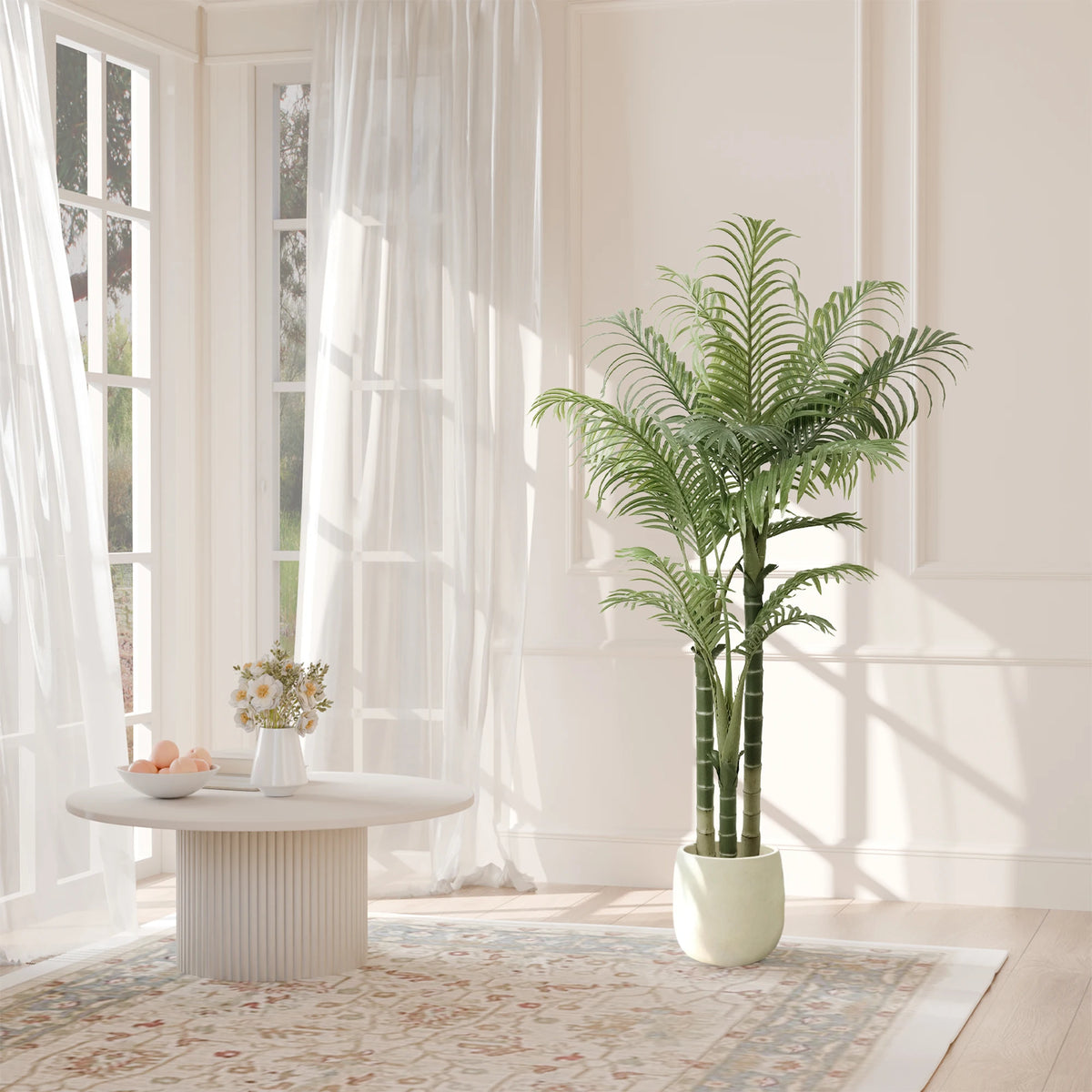 4/5/6FT Artificial Areca Palm Tree with White Pot, 3-Trunk Faux Tropical Palm Plant, Realistic Indoor Fake Tree for Home Office Living Room Decor