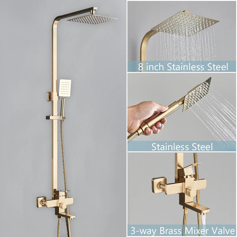 Brushed Gold Bathroom Shower Faucet Set Brass Bath Faucet Rainfall Shower Head Wall Mounted Bathtub Shower Mixer Tap System