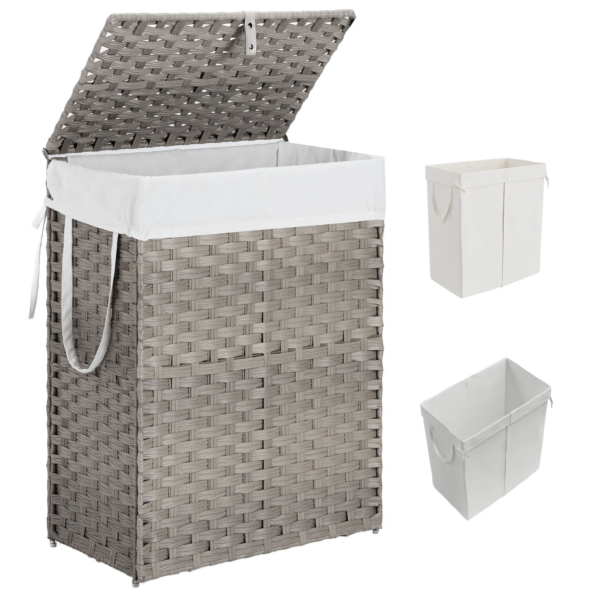 90L Laundry Basket with Lid Foldable Wicker Laundry Hampers with Side Handles Removable Liner Rattan Laundry Basket with Sturdy Steel Frame