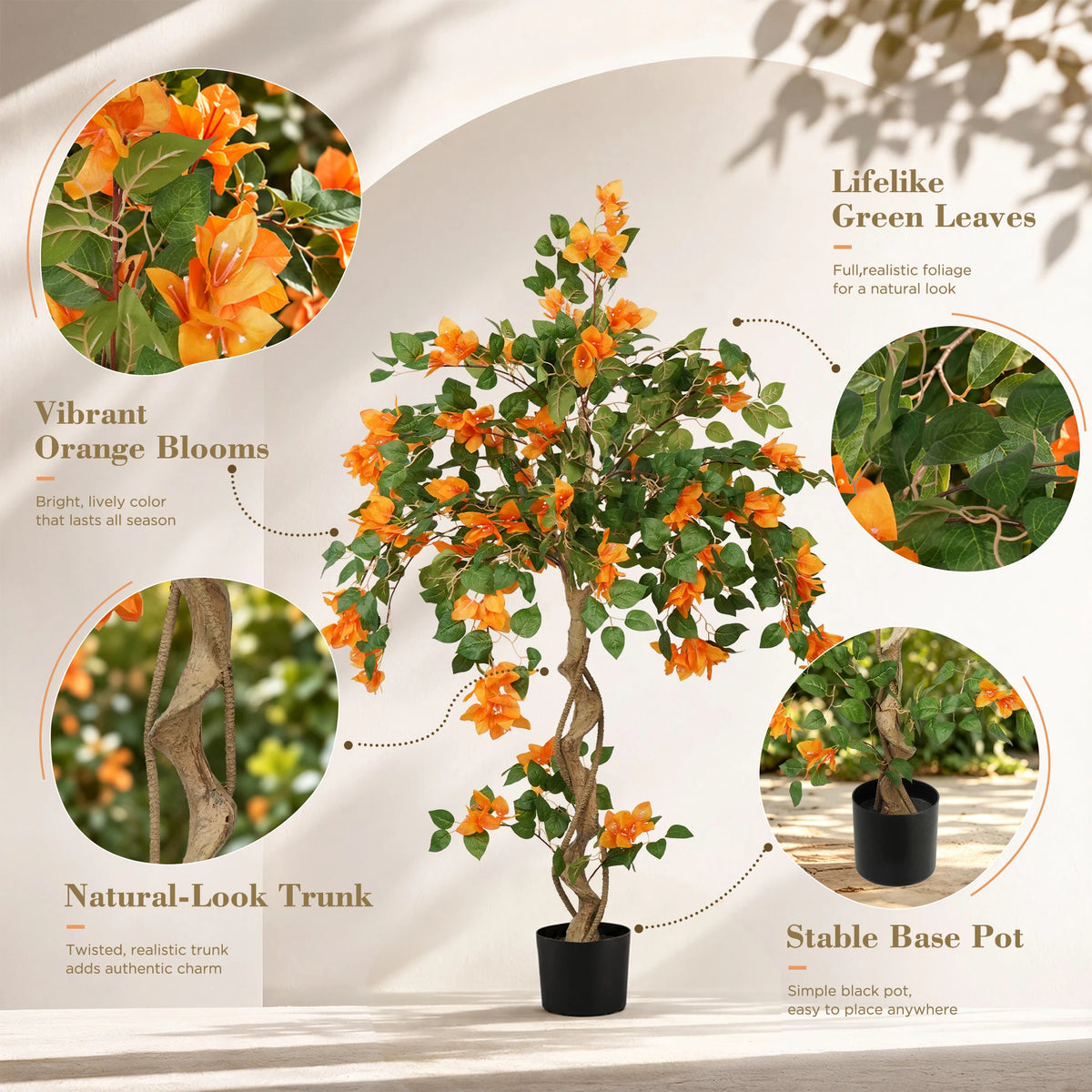 3/4/5FT Artificial Bougainvillea Tree, Orange Faux Bougainvillea Plant with Lush Green Leaves, Realistic Full Blooms Potted Fake Flower Tree for Home Living Room Patio Porch Office Decor