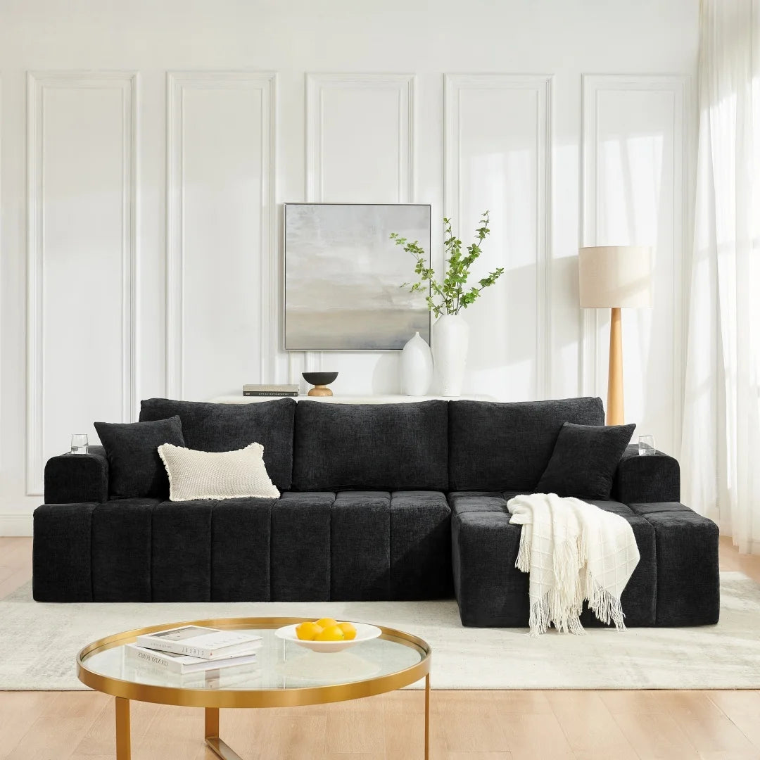 108" L-Shaped Chenille Sectional Sofa, Cloud Couch Sleeper Bed with Cup Holders & Side Pockets, Boneless Living Room Furniture, No Assembly, Black