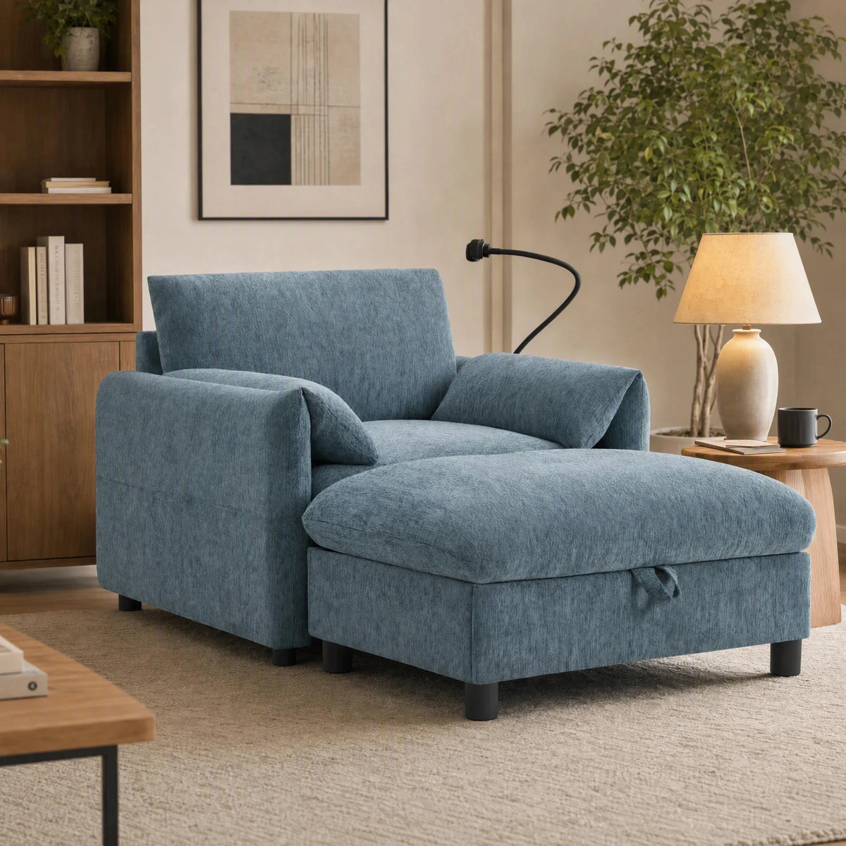 Modern Single Sofa Armchair With Storage Footstool and Adjustable Phone Holder Suitable for Living Room Bedroom Apartment Small Space and Home Office