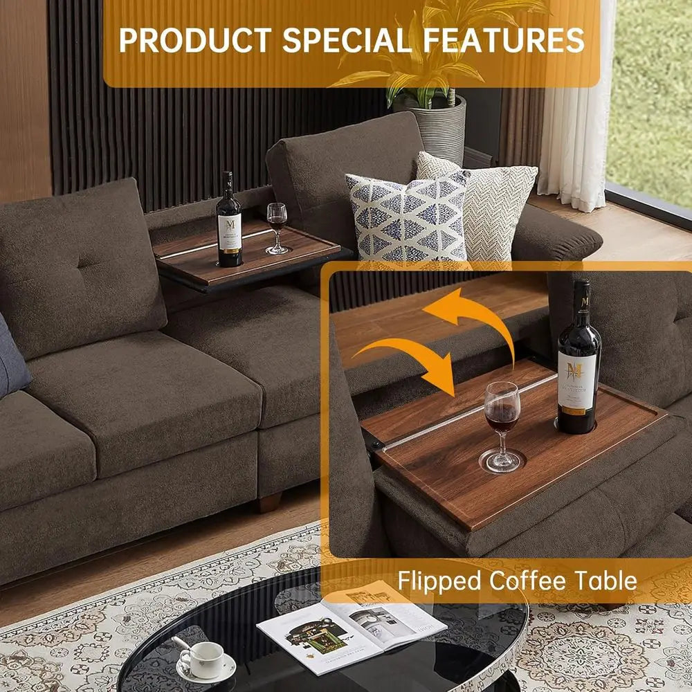 Convertible Sectional Sofa with Storage, 4 Seat L Shaped Couch with Chaise and Cup Holder, Microfiber Fabric