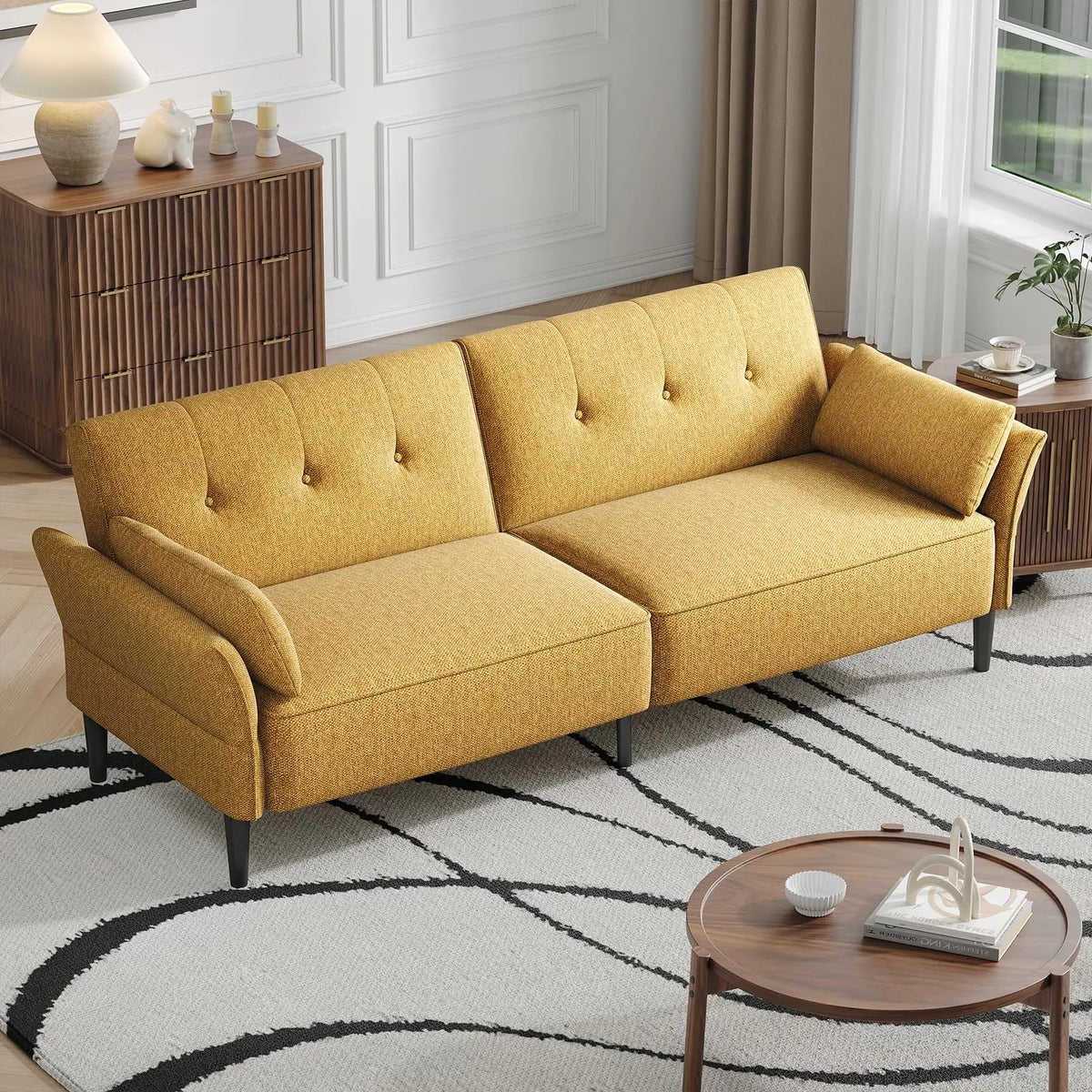 89” Futon Sofa Bed, Comfy Futon Couch Bed with 2 Square Pillows, Convertible Sleeper Sofa with Adjustable Backrest & Armrests