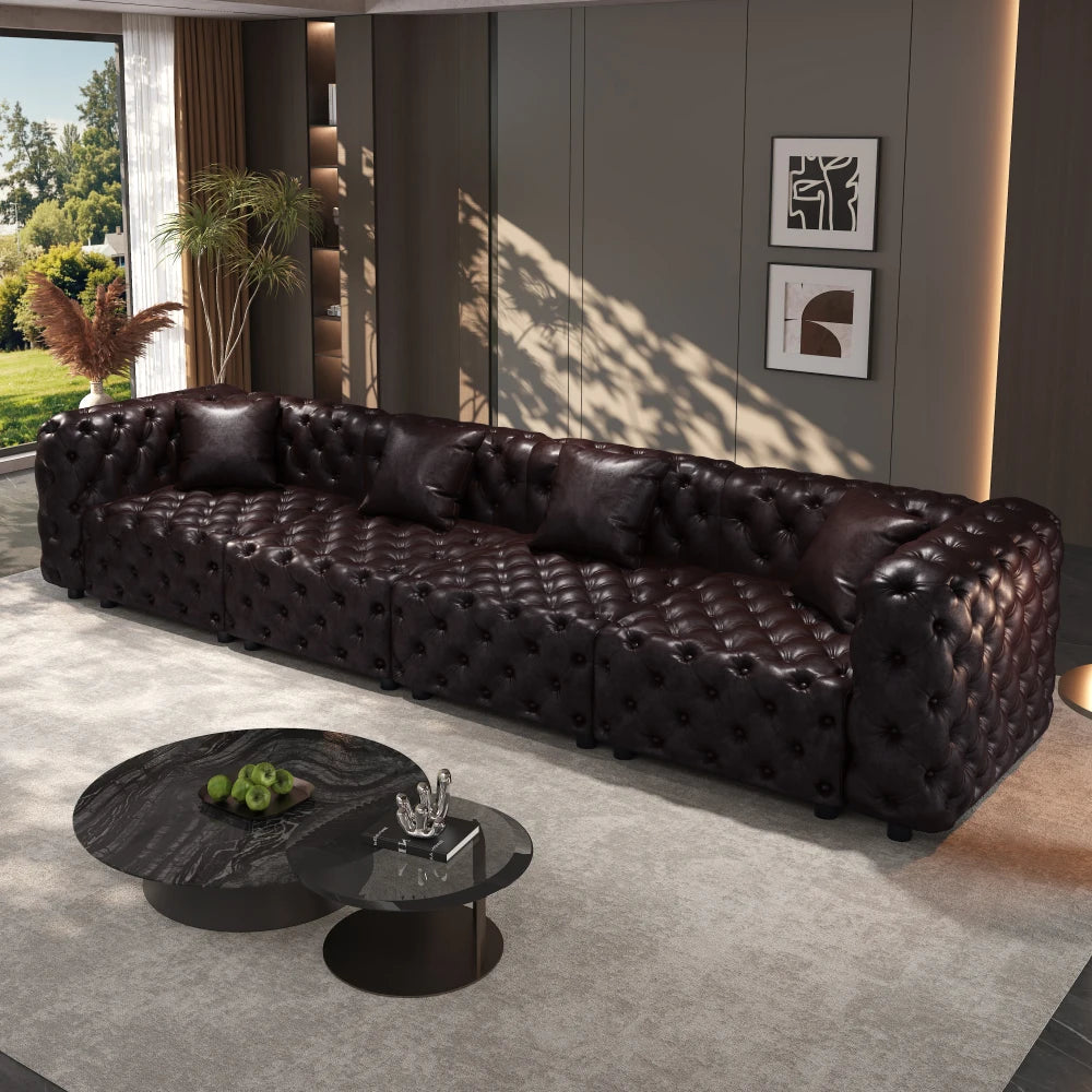 Orraves 134.4" Modern Sofa Set, Faux Leather Upholstered Modular 4-Seater Sectional Couch with Pure Handmade Button Tufted Design, 4 Pillows, Multi Combination for Living Room,Dark Brown