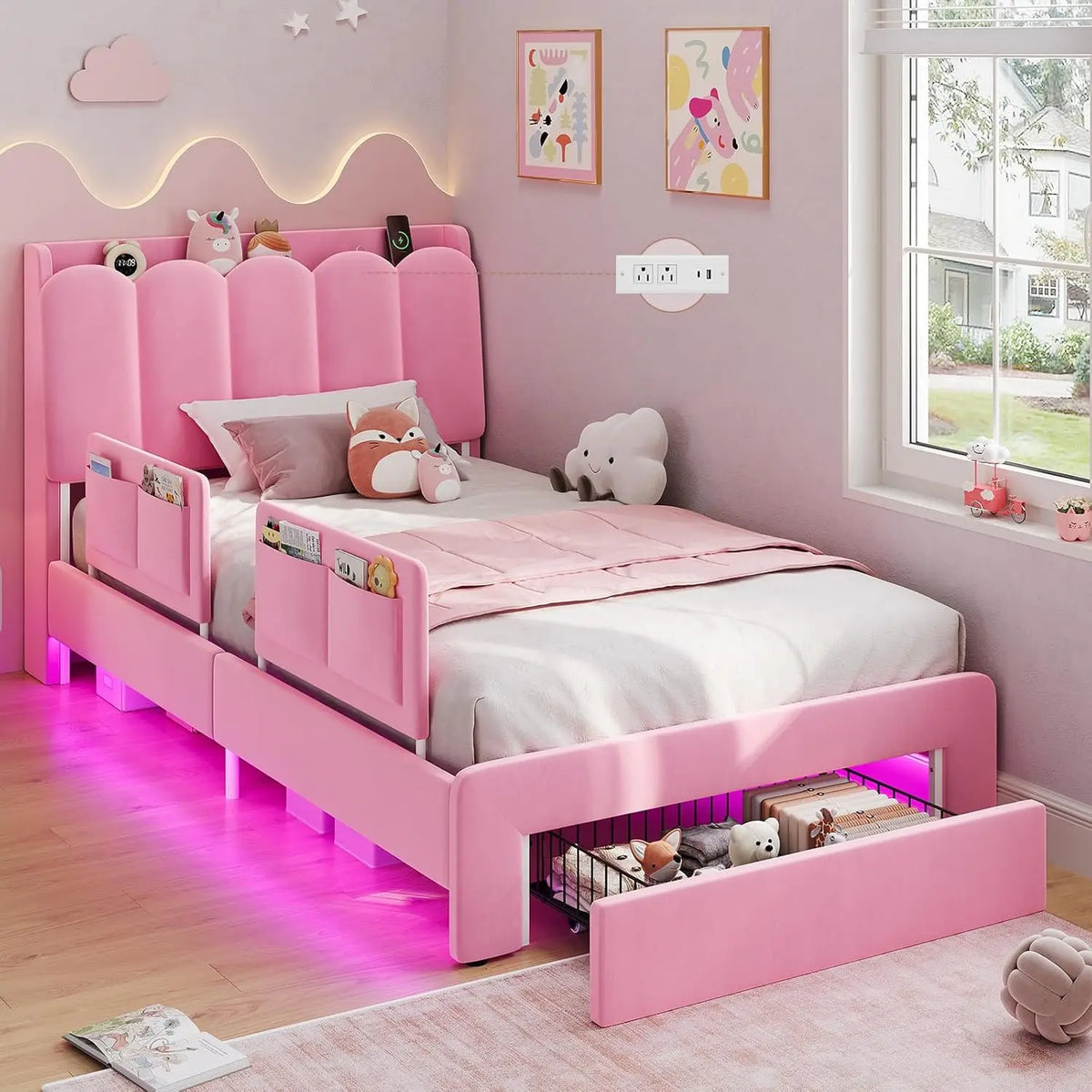 Twin Size Princess Bed Frame Storage Drawer Safety Guardrails Led Velvet Upholstered Platform Bed Girls Wavy Storage Headboard