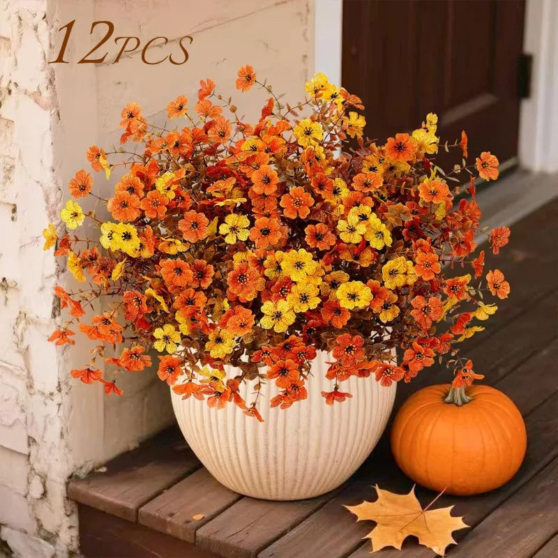 Artificial Fall Flowers, Fake Autumn Floral Stems Orange Yellow Silk Flower Bouquet, Thanksgiving Harvest Decorations for Home Table Vase, Wedding Party Decoration Flowers
