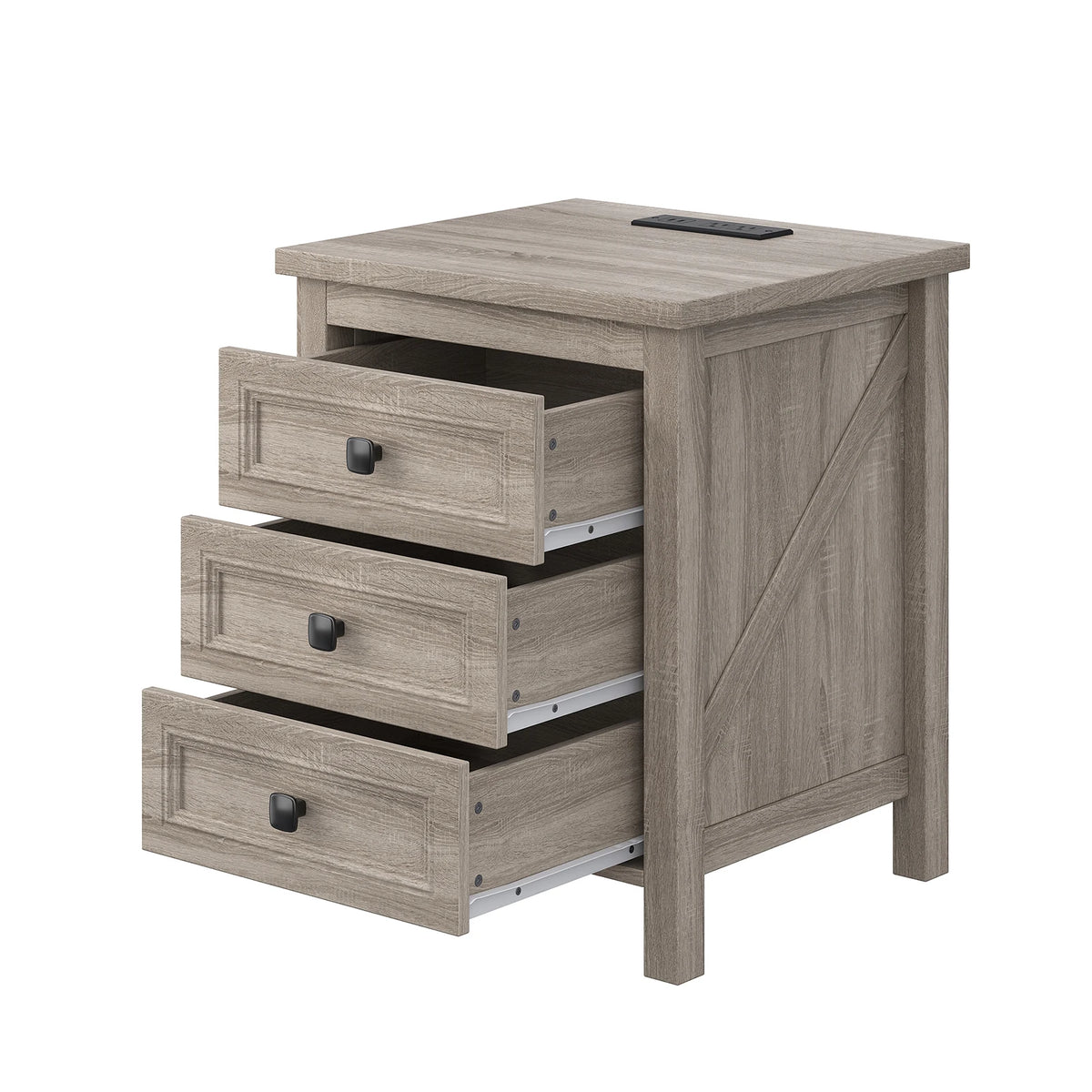 Farmhouse Nightstand w Charging Station AC Outlets USB Port 3 Drawers Side End Table for Bedroom Living Room Grey Wood Grain