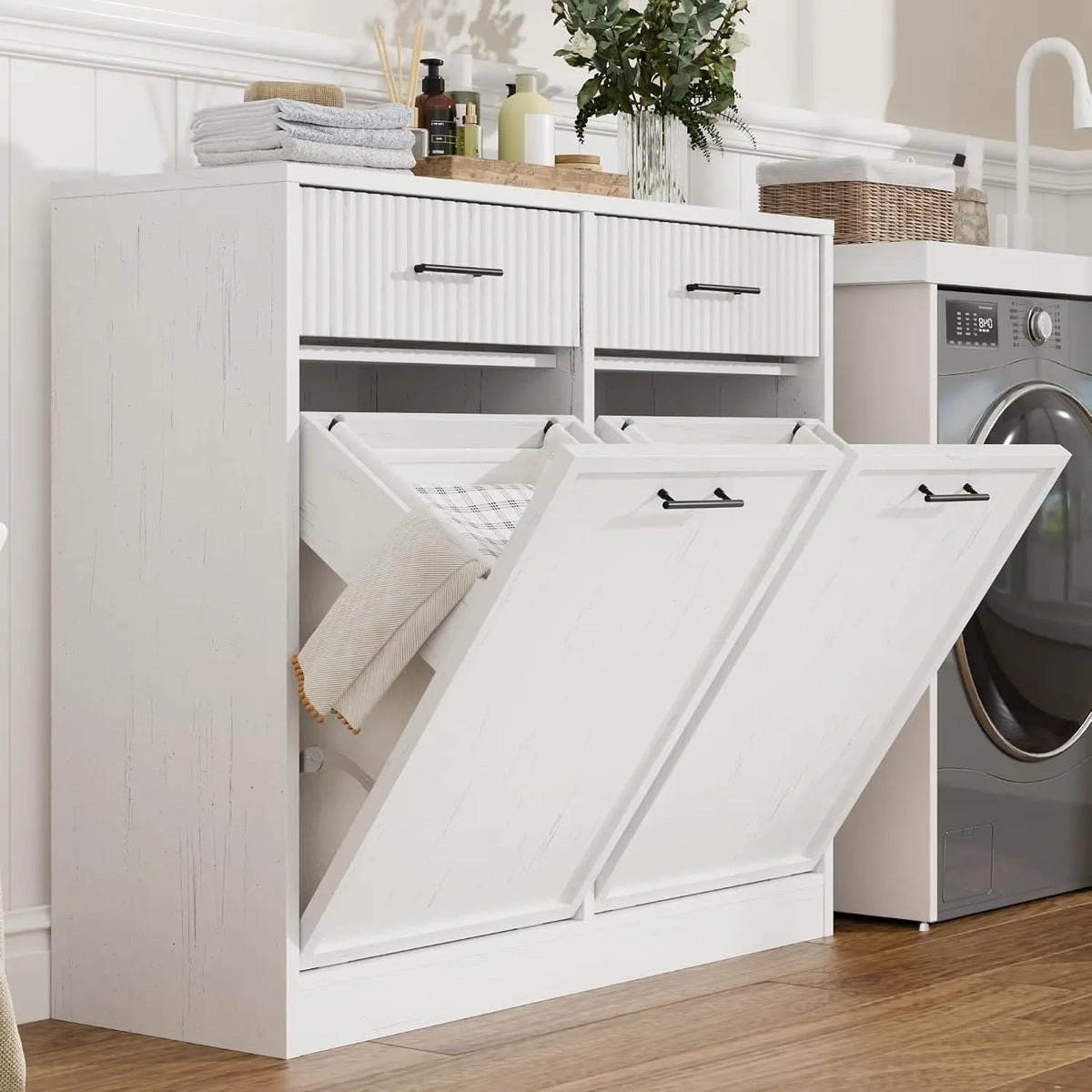 Tilt Out Laundry Hamper Cabinet With Drawer And Baskets Wooden Laundry Basket For Bathroom Laundry Room Bedroom