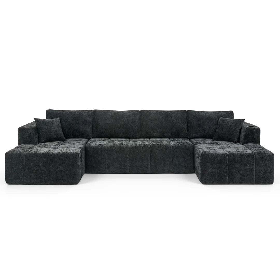 132" U-Shaped Chenille Sectional Sofa, Cloud Couch Sleeper Bed with Dual Lounges, Modern Living Room Furniture with Cup Holders, No Assembly, Black