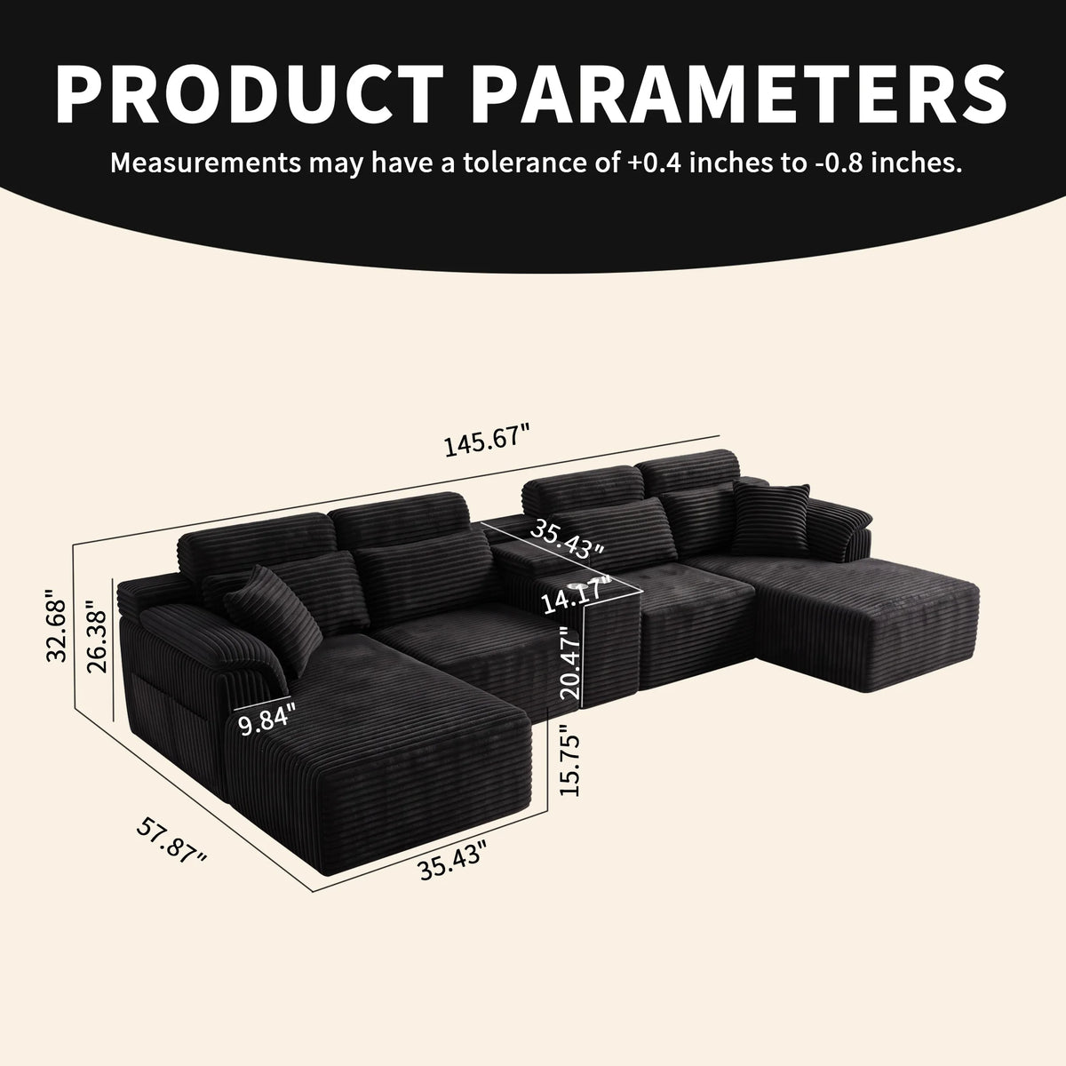 Modern Modular U-Shaped Sectional Sofa, Compressed Corduroy Couch with Storage Console & Cup Holders, Fluffy Deep Seating Living Room Furniture, Easy to Transport