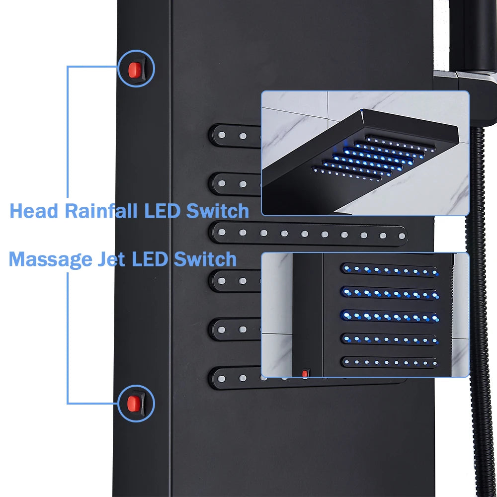 Black Shower Column LED Rainfall Bathroom Faucet with Massage Jet Bath Panel System  5 Modes Waterfall Hot Cold Mixer Tap