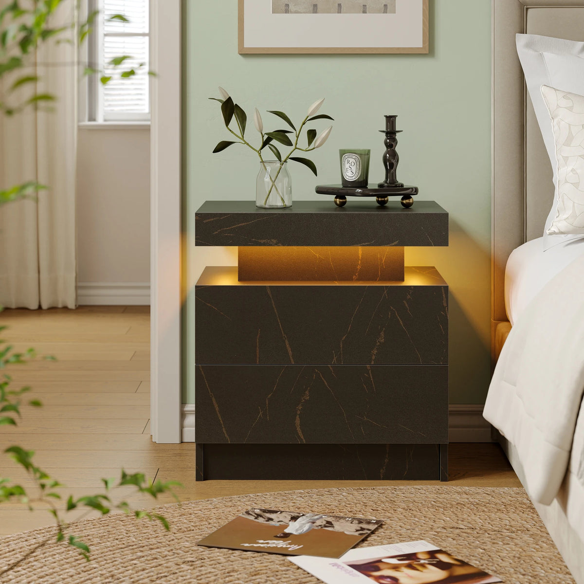 LED Nightstands with 2 Drawers, End Table with RGB LED Lights for Bedroom Living Room, White Bedside Table