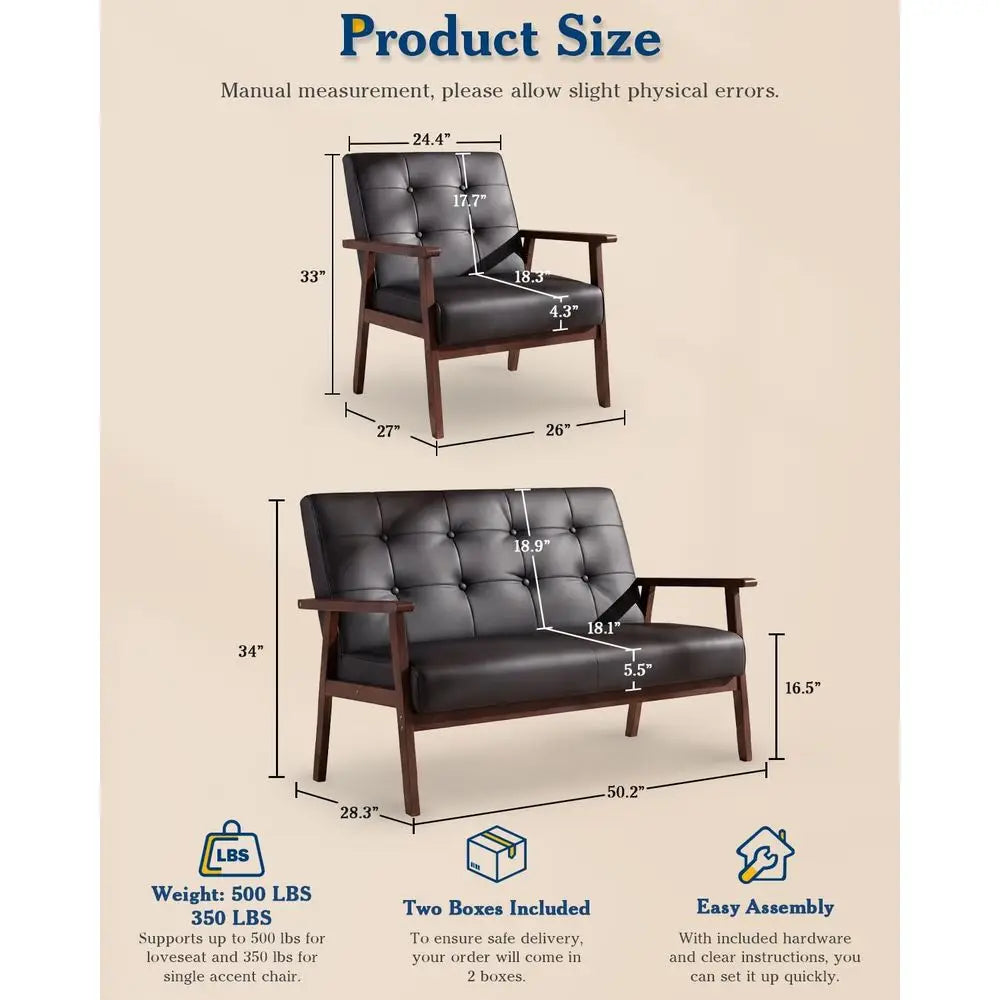 Leather Sofa Couch Set 2 Accent Chairs & 1Loveseat Black faux Leather Loveseat Office Couch or Small Space Waiting Room