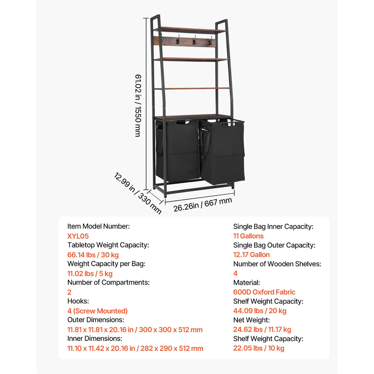 Laundry Sorter Large Laundry Hamper with Metal Frame Freestanding Storage Organizer Baskets for Dirty Clothes, Bathroom