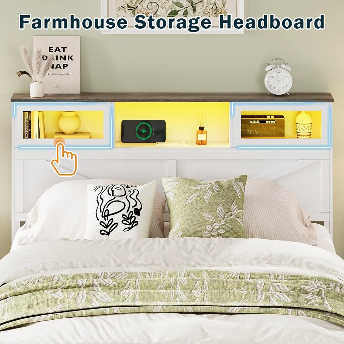 Full Size Bed Frame with Headboard, Full Bed Frame with Charging Station, LED Beds with 2 Storage Drawers, Wood Farmhouse Bedframe