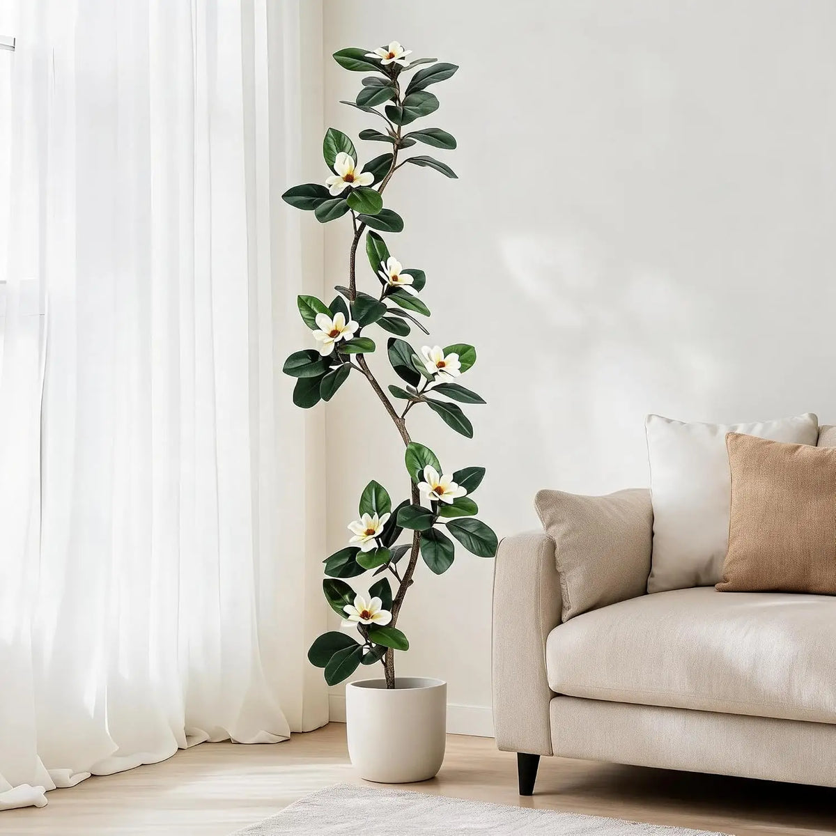 Rubber Tree Artificial Tree in White Planter Pot,Faux Plants Indoor Faux Floor Plant Artificial Plants with Magnolia Flowers for Home Office Decor