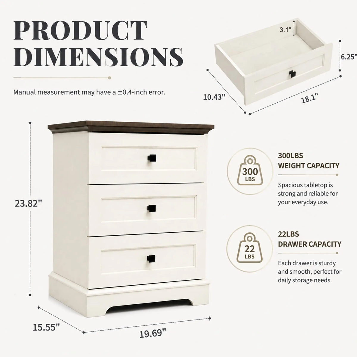 White Nightstand Farmhouse Night Stand with Charging Station,20'' Narrow Nightstand Side Table Wood End Table with 3 Drawers for Bedroom,Bedside Table with Power Outlet, USB, Type-C Ports