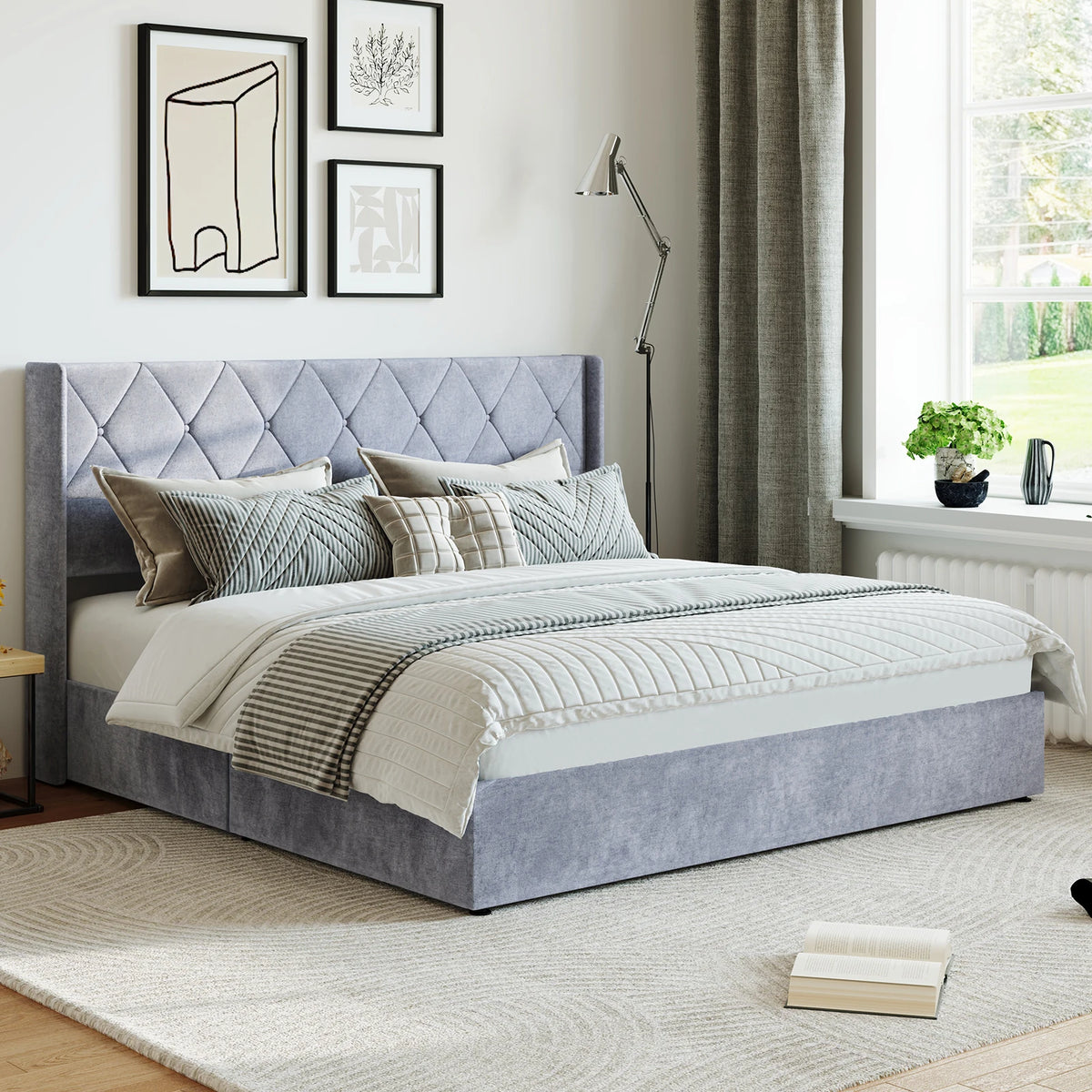 Lift Up Storage Bed Modern Upholstered Platform Bed Frame with Wingback Headboard Hydraulic Lift Storage No Box Spring Needed Easy Assembly For Bedroom