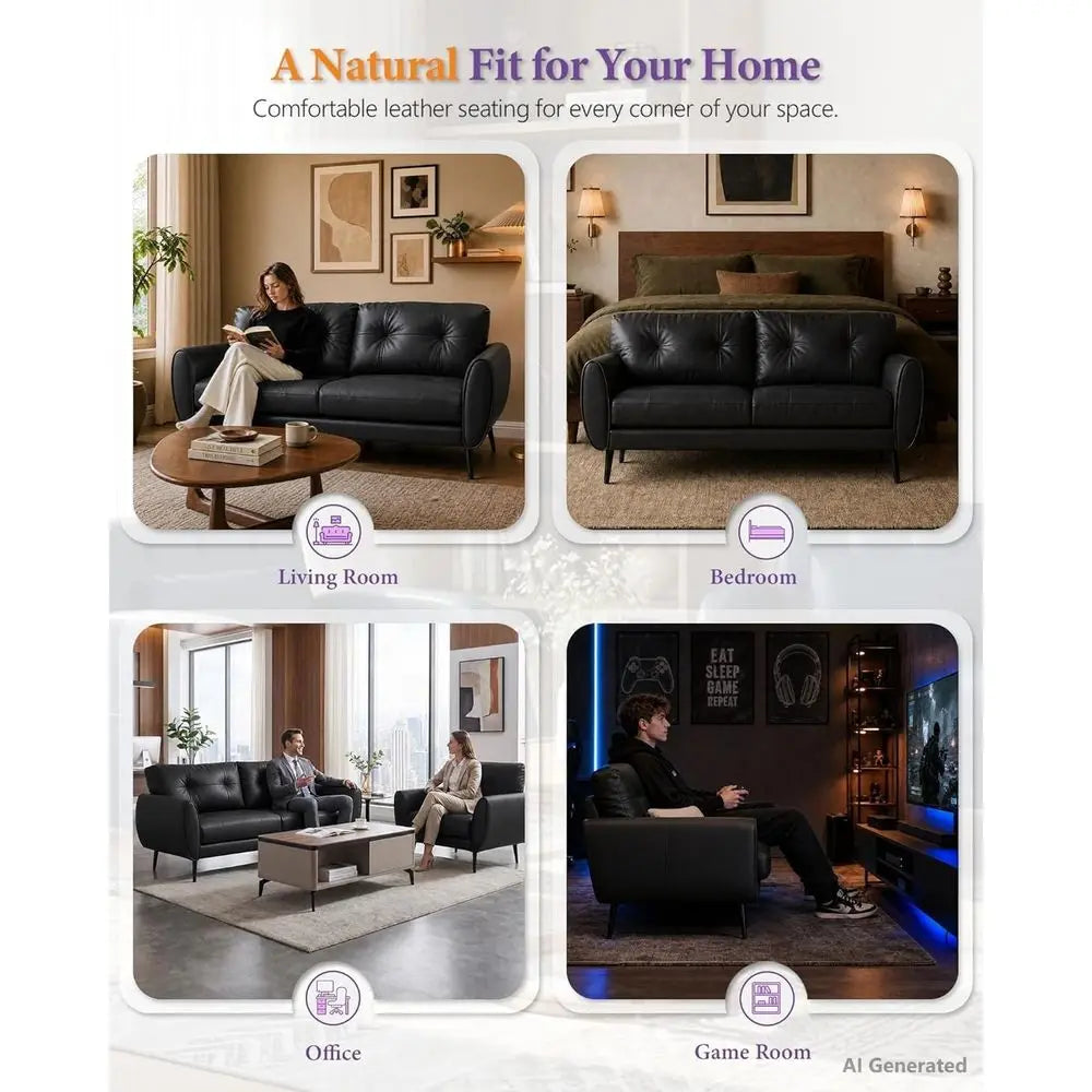 Sofa Couch 61" Small Loveseat Couches or Living Room, Black aux Leather Couch Century ern Tufted Mini Sofa