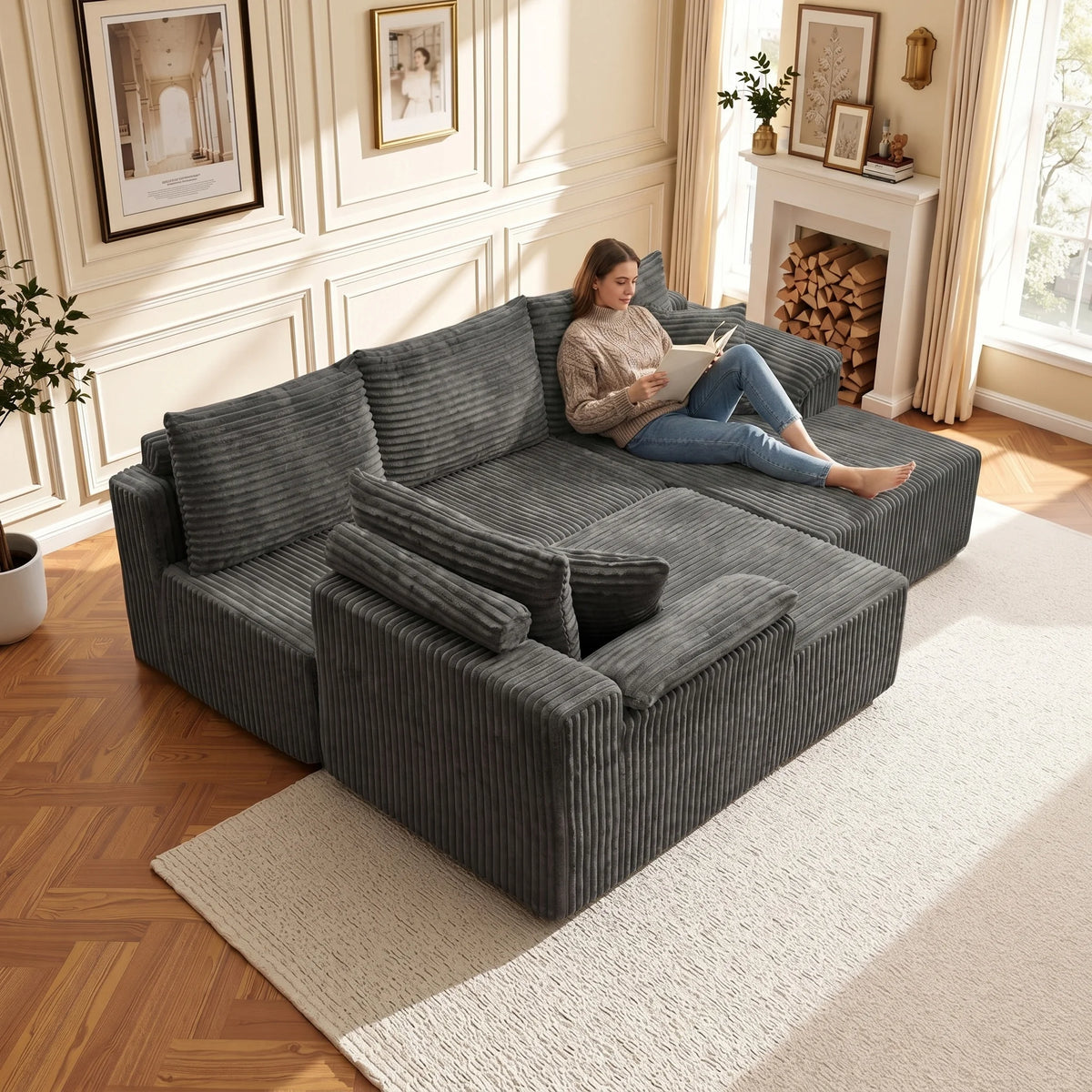 Oversized Vertical Striped Corduroy Modular Sofa, Freely Combinable U-Shaped Corner Sectional with Chaise Lounge, Luxury Cloud Deep Seat Fabric Couch, No Assembly Lazy Sofa with Throw Pillows for Living Room & Apartment, Idea