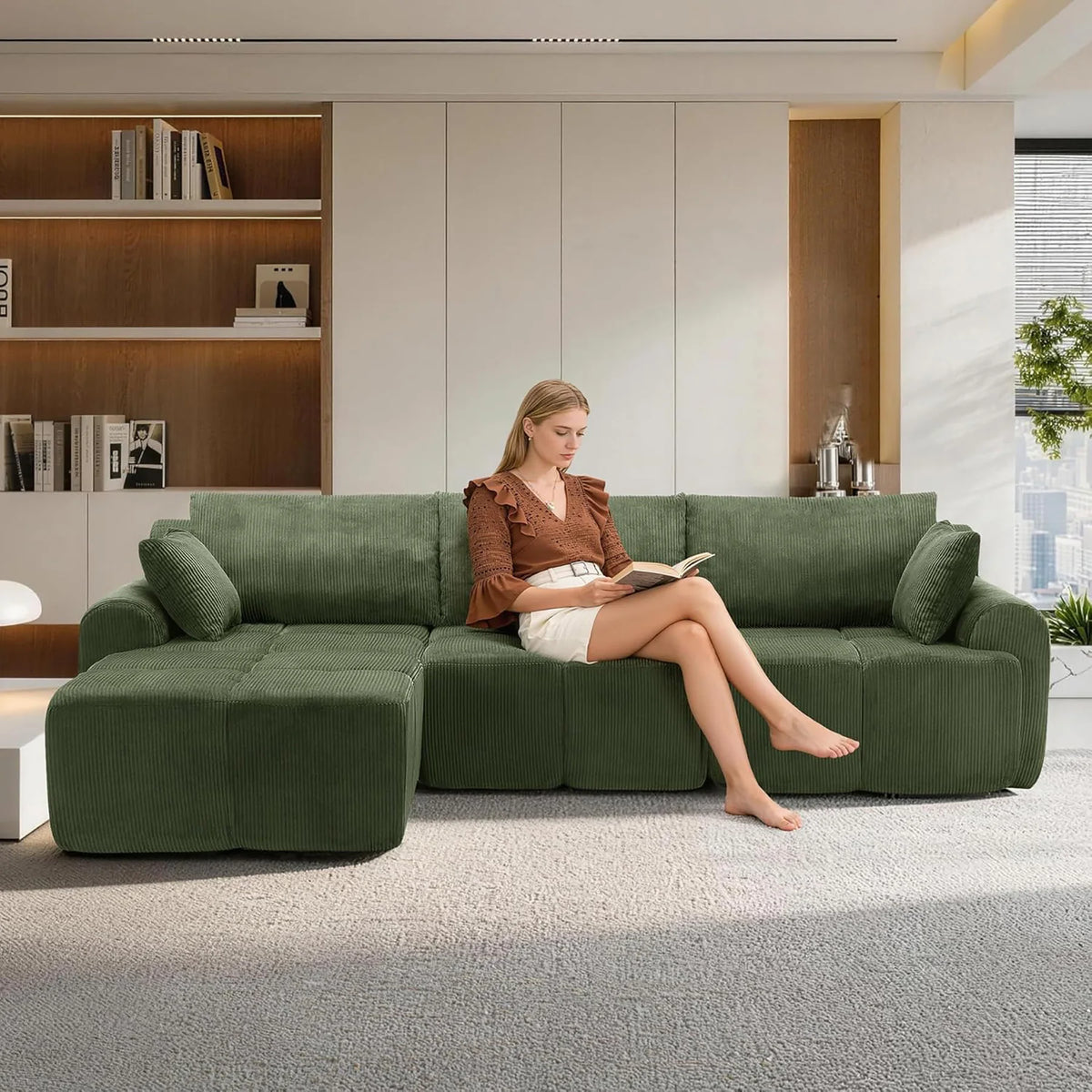 118'' Corduroy Modular Sofa, Deep Seat Compression Couch With Memory Foam, No Assembly Sectional For Living Room