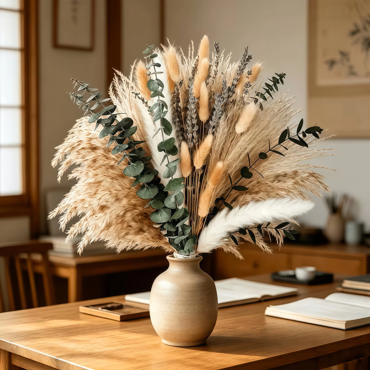 92PCS Pampas Grass Bouquet 17.5in Mixed Dried Flowers Natural Broomcorn Bunny Tails Eucalyptus Craspedia Reed Grass Baby's Breath Boho Wedding Home Decor Farmhouse Table Centerpiece Vase Filler Rustic Fall Vase Not Included