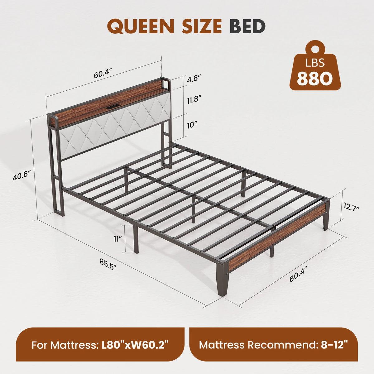 King Size Soft Pack Heavy Duty Metal Bed Frame with Headboard Charging Station 1100lbs Capacity Easy Assembly For Bedroom
