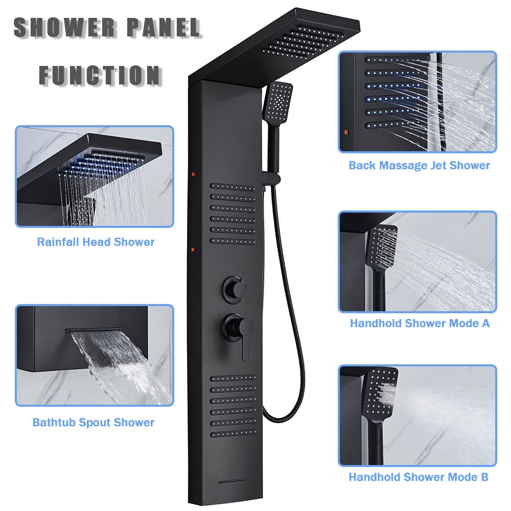 Black Shower Column LED Rainfall Bathroom Faucet with Massage Jet Bath Panel System  5 Modes Waterfall Hot Cold Mixer Tap