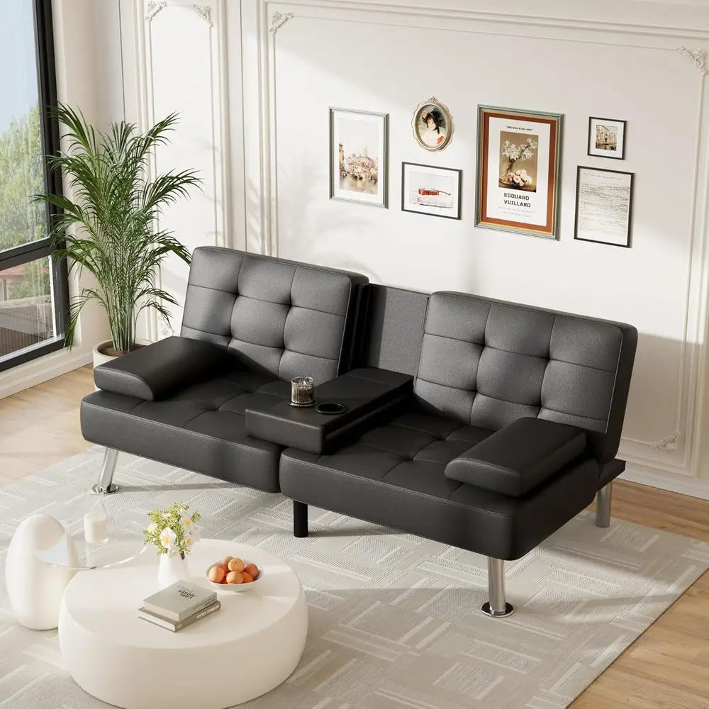 Sofa Bed Adjustable Couch Sleeper Soa Bed or Living Room, Business Office, Recliner Sofas with Cup Holders (PU Leather, Black)