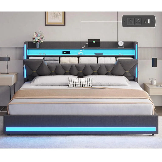 King Size Bed Frame With LED Lights & Charging Station, LED King Bed With Hidden Space And 2-Tier Shelves,, Customized