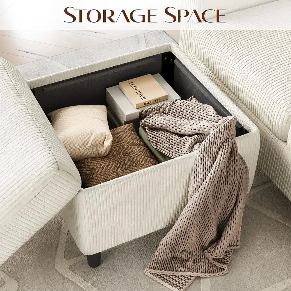 Convertible Sectional Couches or Living Room, 3 Seats L Shaped Sofa with Storage Ottoman & 2 Cup Holders, Corduroy Couch