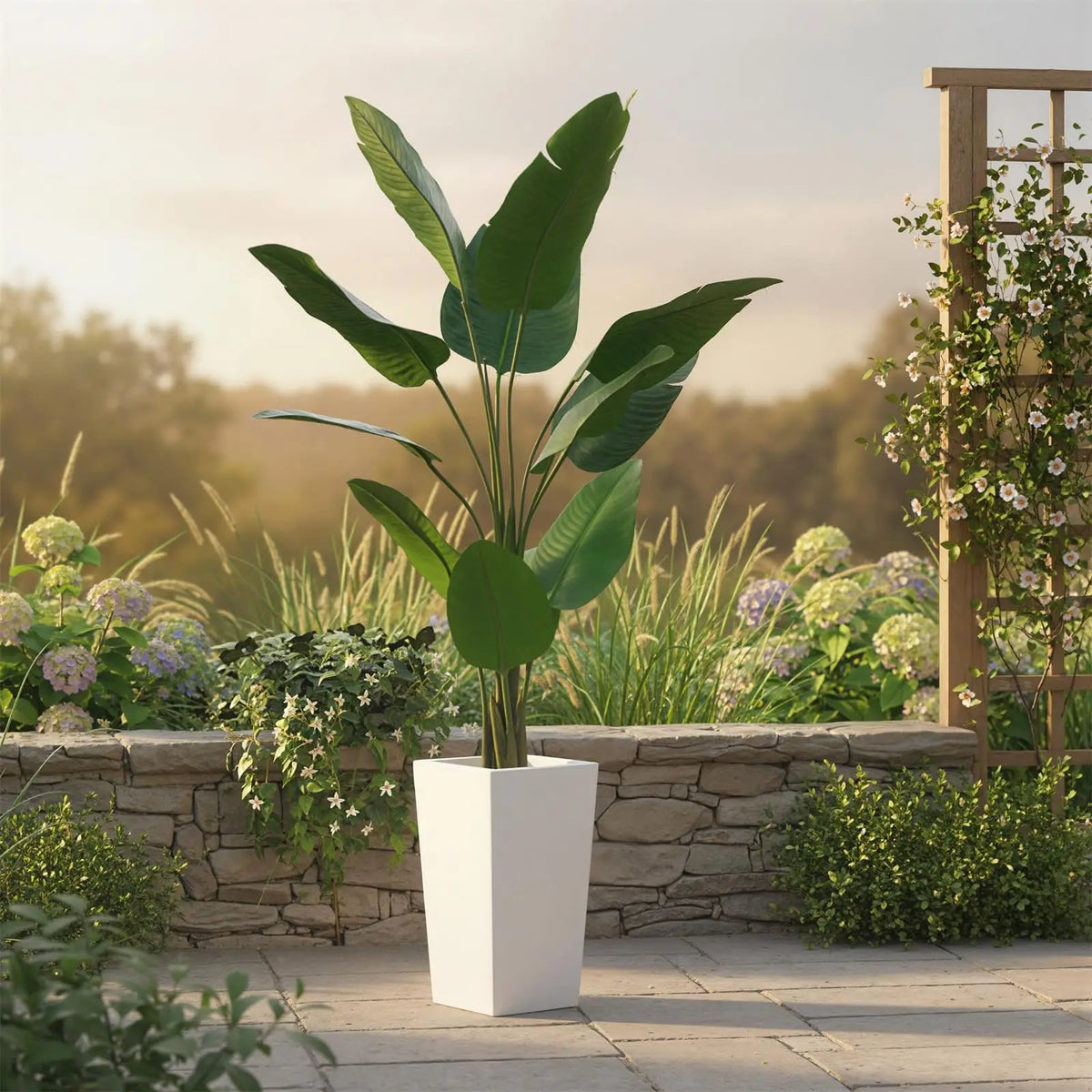 4.8FT Faux Banana Tree Artificial Plant, Fake Potted Tropical Evergreen with Tall White Planter for Living Room, Entryway, Porch