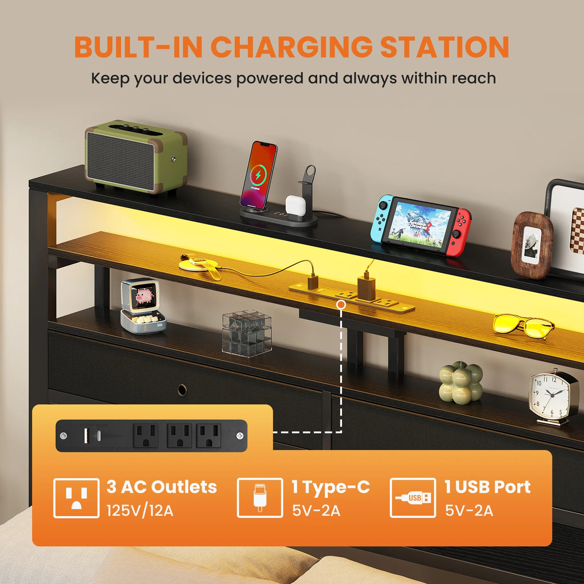 Basic Bed Frame Metal Platform with Storage LED Charging Station Headboard Sturdy Steel Slat Support All Size Bedroom Bed For Home