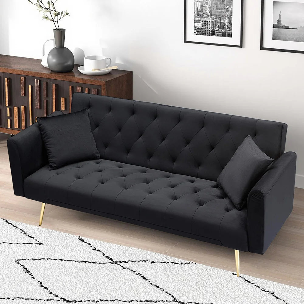 Velvet Convertible Futon Sofa Bed 71" 3-Seater Tufted Sleeper Couch with Gold Metal Legs 3 Position Adjustable Backrest Folding Reclining Sofa with 2 Throw Pillows for Living Room Apartment Small Spaces