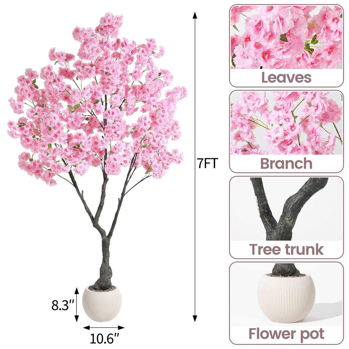 Artificial Cherry Blossom Tree with White Planter & Adjustable Branches, Realistic Faux Floral Tree for Indoor Home Living Room Decor, Pink