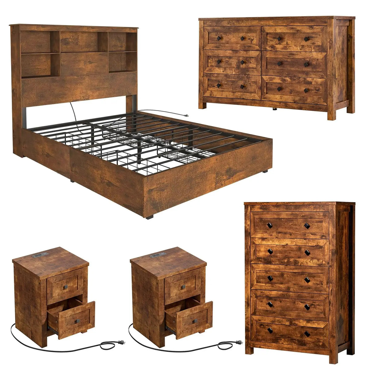 5-Piece Farmhouse Queen Bedroom Set with Nightstands & Drer, y