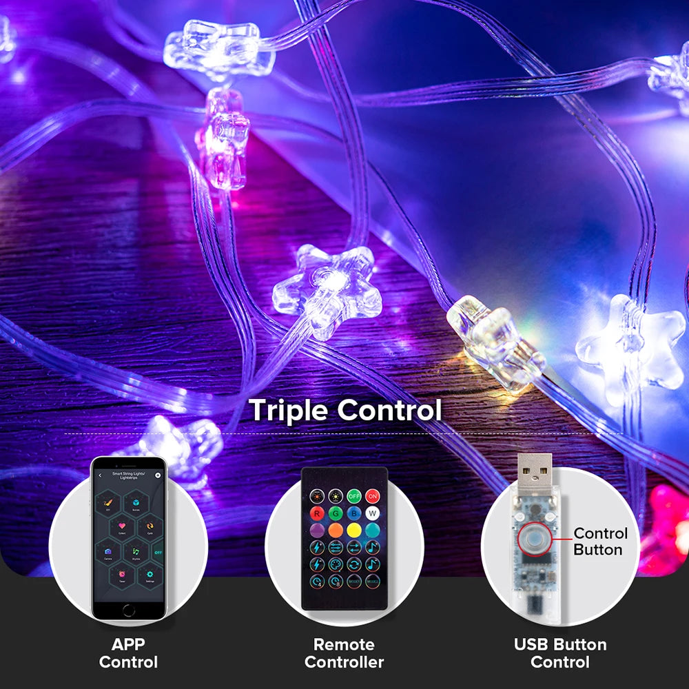 USB Christmas Lights String WS2812B RGB Dream Color Birthday Decoration Party Star Strawberry Lights Room USB App Remote Light