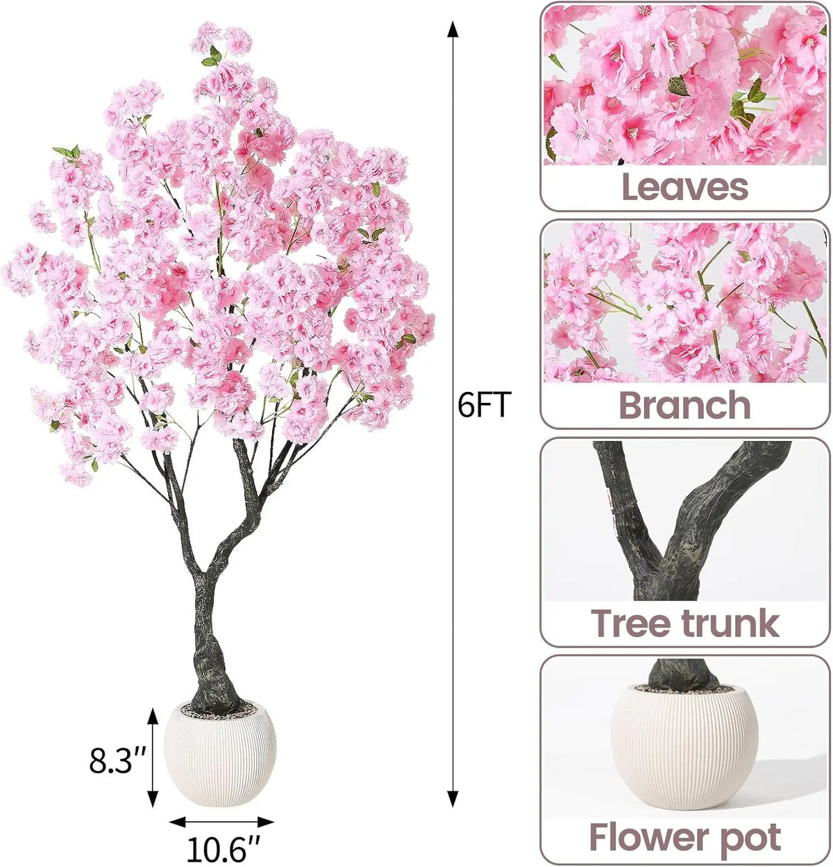 Artificial Cherry Blossom Tree with White Planter & Adjustable Branches, Realistic Faux Floral Tree for Indoor Home Living Room Decor, Pink