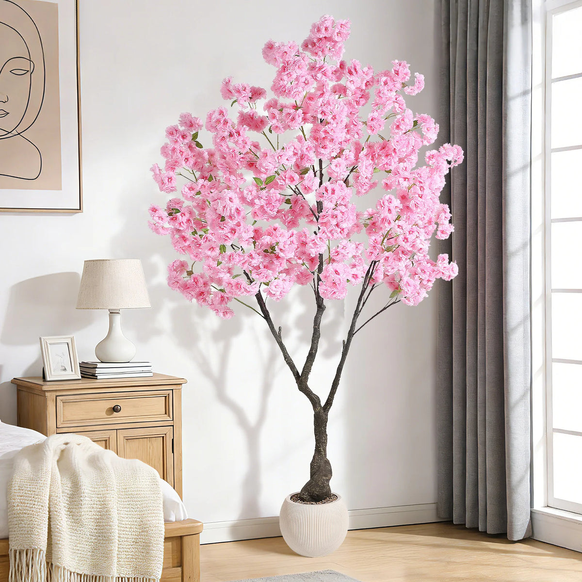 Artificial Cherry Blossom Tree with White Planter & Adjustable Branches, Realistic Faux Floral Tree for Indoor Home Living Room Decor, Pink