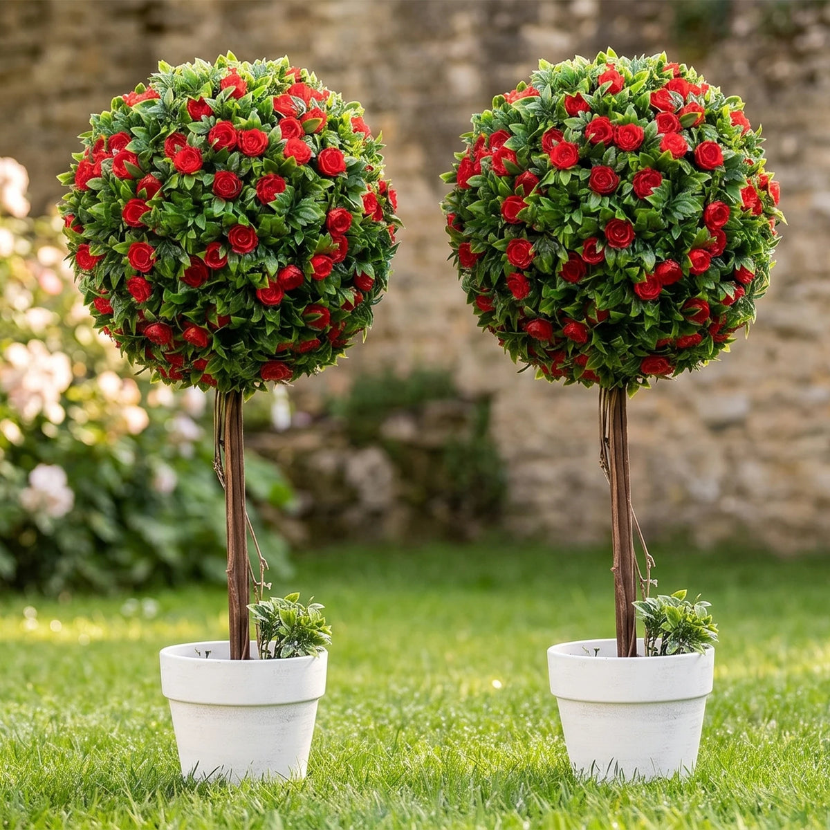2Pcs 60cm Artificial Rose Topiary Tree, Potted White/Red Flower Ball Tree with Realistic Green Leaves, Faux Ball Shaped Plant in Stable Pot for Indoor Outdoor Garden Patio Home Decor