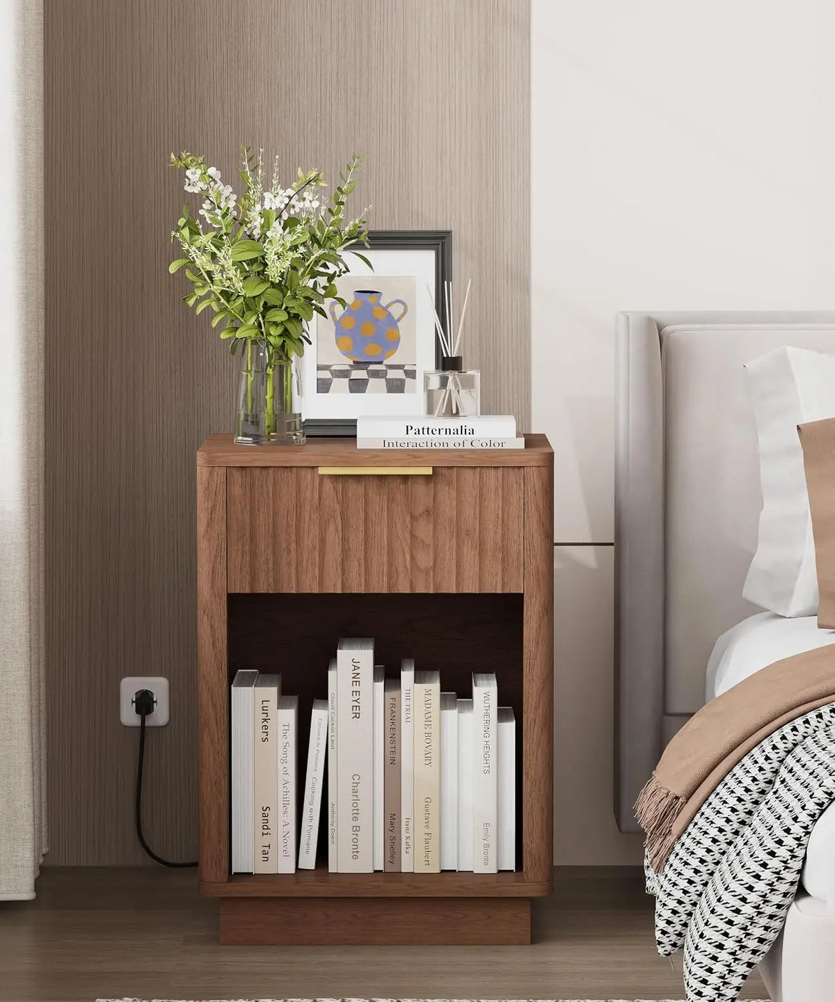 Walnut Fluted Nightstands Set of 2, Bedside Tables with Charging Station