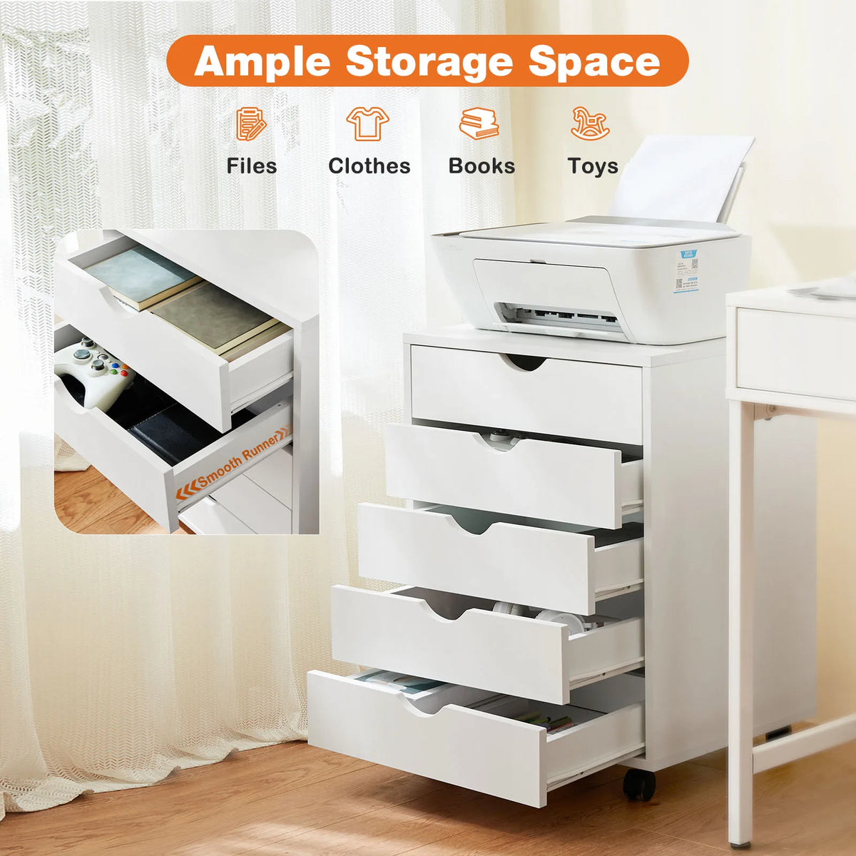 Wood Nightstand Cabinet 5 Drawers Waterproof Surface Storage Organizer File Office Easy To Move Bedside Table Rotating Wheel